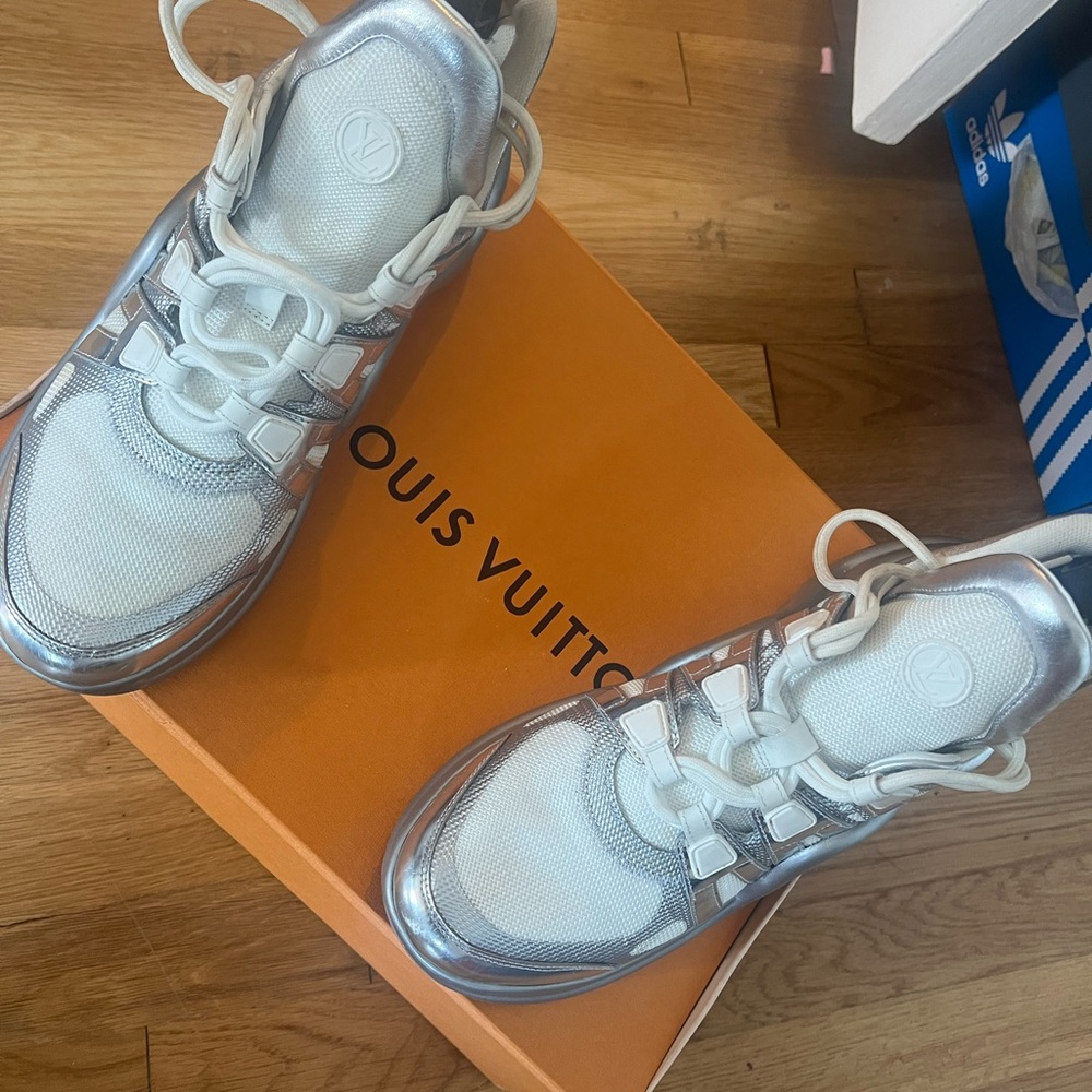 Louis Vuitton Silver and White Sneakers with Chunky Design